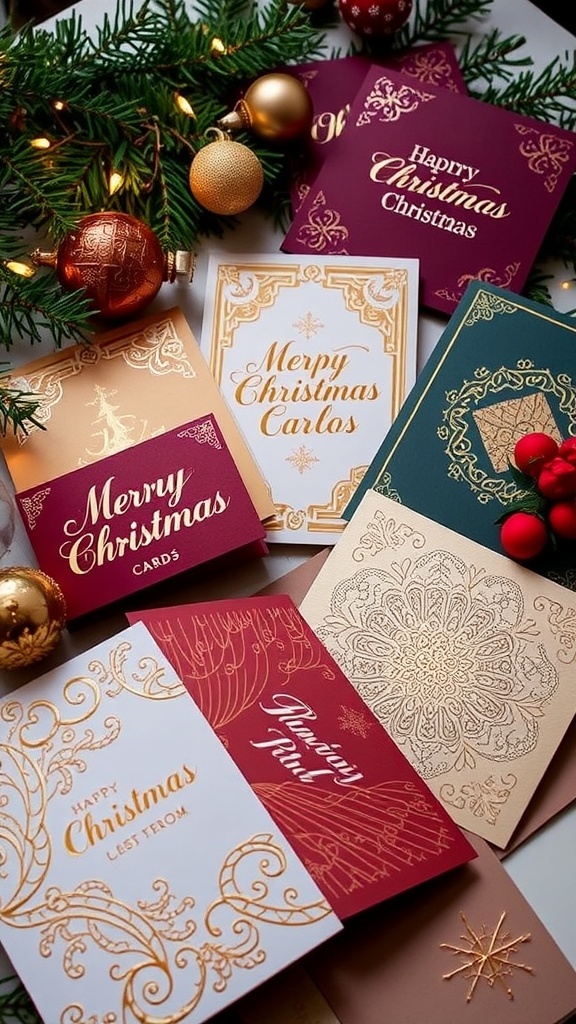 A collection of elegant Christmas cards with gold foil and embossed designs, surrounded by festive decorations.